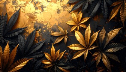 Gold and Black Cannabis Leaves Aesthetic Composition on Textured Background