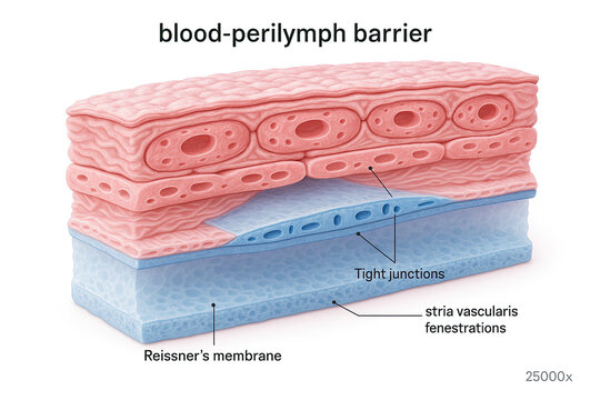 Scientific illustration of the blood-perilymph barrier, showing Reissner's membrane, stria vascularis fenestrations, and tight junctions.