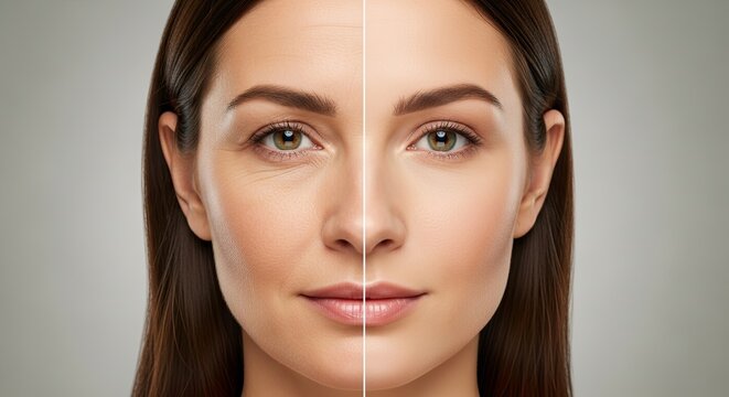 Woman's face before and after effects of anti-aging treatment. Split portrait shows wrinkles on one half and smooth, rejuvenated skin on other. Concept of cosmetic surgery, skincare, and dermatology