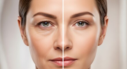 Woman's face before and after effects of anti-aging treatment. Split portrait shows wrinkles on one half and smooth, rejuvenated skin on other. Concept of cosmetic surgery, skincare, and dermatology