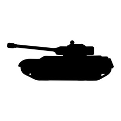 Fototapeta premium Silhouette of a heavy military battle tank with a prominent gun barrel