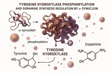 Scientific illustration depicting the phosphorylation of tyrosine hydroxylase and dopamine synthesis regulation by alpha-synuclein, showing molecular structures and protein folding.