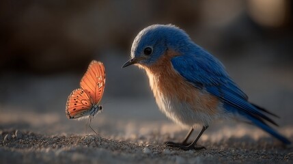 Enchanting encounter of a vibrant bluebird admiring a delicate orange butterfly nature's beauty