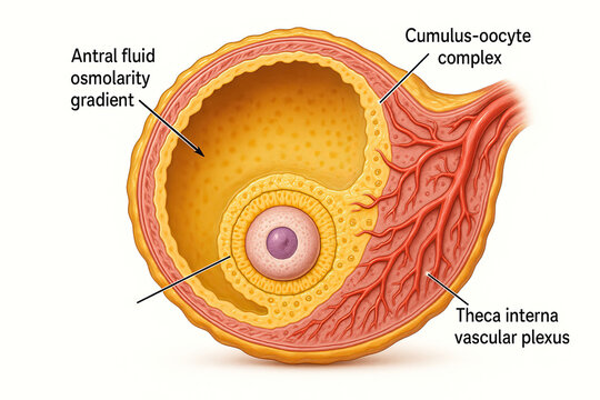 Anatomical illustration of a cross-section of a human ovary, detailing the antral fluid, cumulus-oocyte complex, and theca interna vascular plexus.