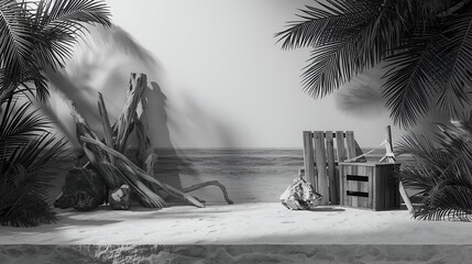 Serene black and white tropical beach scene with palm trees and driftwood
