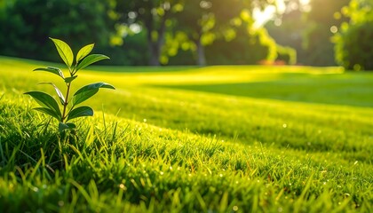 Green plant growing on a vibrant green lawn in the sunlight