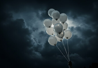 Halloween balloon cluster in dramatic sky, halloween white float with spooky clouds

