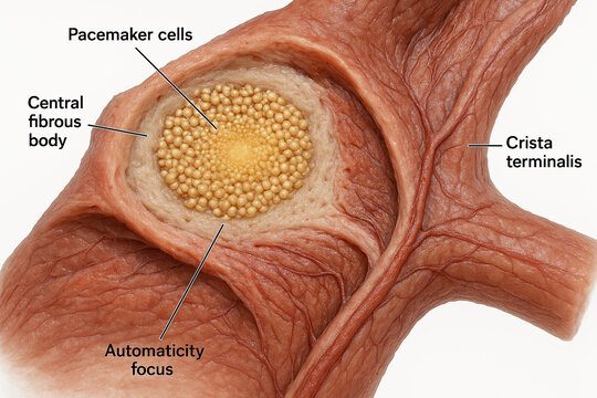 Anatomical illustration of the heart's sinoatrial (SA) node, showing pacemaker cells, central fibrous body, crista terminalis, and automaticity focus.