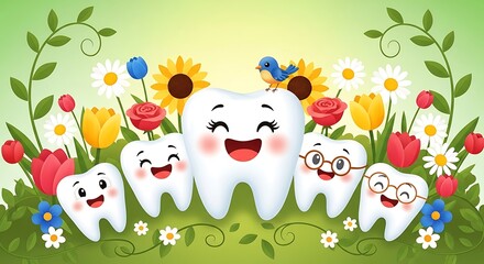 Naklejka premium Happy cartoon teeth characters in a vibrant spring garden with colorful flowers.