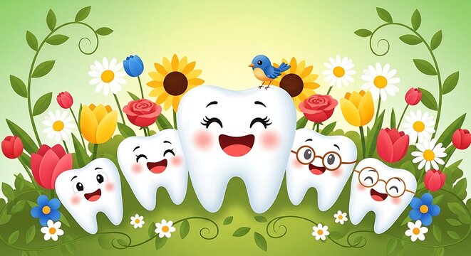 Happy cartoon teeth characters in a vibrant spring garden with colorful flowers.