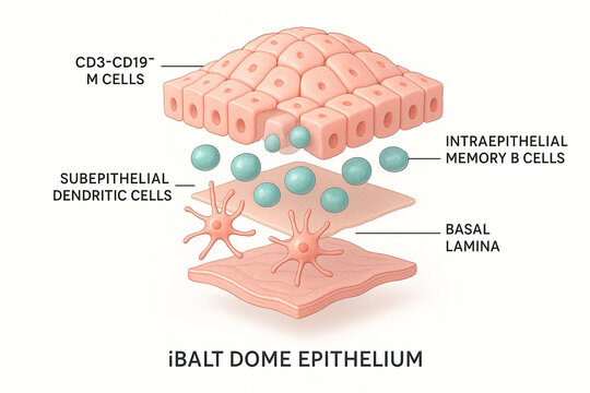 Diagram illustrating the structure of iBALT dome epithelium, showing CD3-CD19- M cells, intraepithelial memory B cells, subepithelial dendritic cells, and basal lamina.