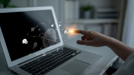 Visualization of global digital communication and online across multiple platforms, including global network, digital network, communication network, and online network. Latch