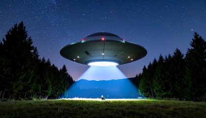 Obraz premium UFO Sighting - Extraterrestrial Craft Hovering Over Forest at Night.
