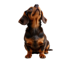 Adorable dachshund puppy sitting and looking up with curiosity