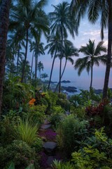 Obraz premium Tropical garden path leads down to a misty coastline at dawn. Lush vegetation, palm trees, and rocks frame a tranquil scene