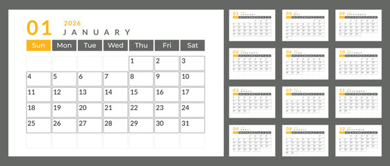 2026 Calendar Planner Vector Design.12 Monthly Pages, Minimal Corporate and Personal Yearly Organizer, Printable Desk or Table Diary Layout Vector
