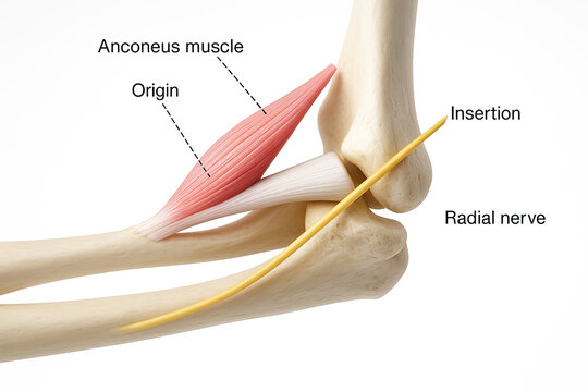 Anatomical illustration of the anconeus muscle, origin, insertion, and radial nerve in the elbow joint.