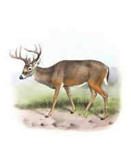 Deer illustration. Handmade watercolor and pencil drawing of deer on softly textured white background.