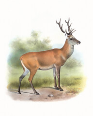 Deer illustration. Handmade watercolor and pencil drawing of deer on softly textured white background.