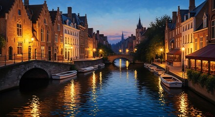 Obraz premium Bruges Canal at Dusk with Illuminated Historic Buildings and Boats.