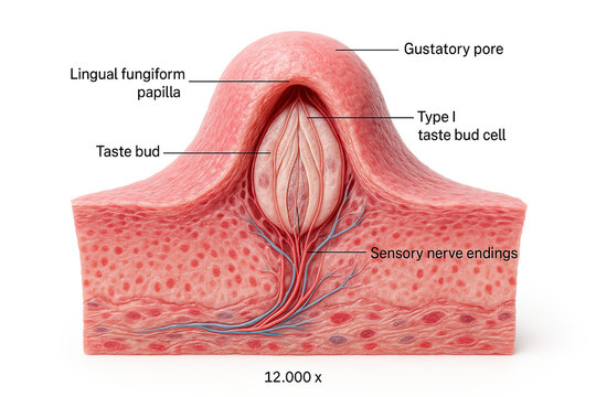 Anatomical illustration of a taste bud on the tongue, showing lingual fungiform papilla, gustatory pore, taste bud cells, and sensory nerve endings, magnified 12,000 times.