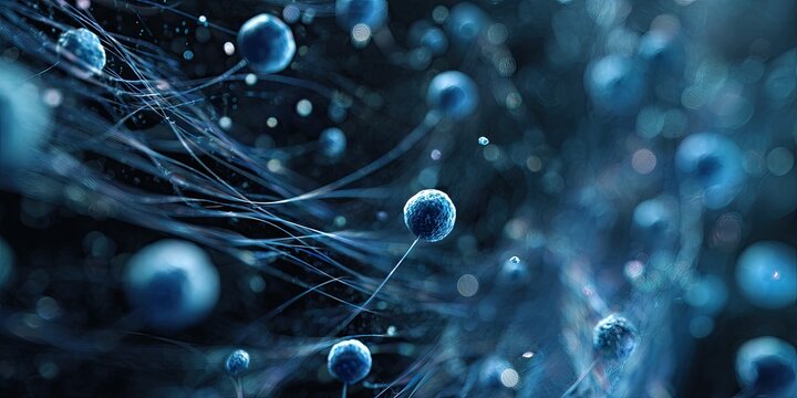Abstract microscopic view of interconnected blue spheres and filaments