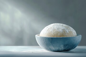 A perfectly risen, floured dough ball rests in a textured blue bowl. Ready for baking, it evokes freshness and homemade goodness in a minimalist setting.
