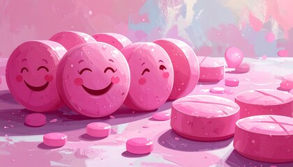 Happy Cartoon Pills Illustration in Pink with Smiling Faces and Cheerful Vibes