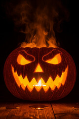 Fototapeta premium Pumpkin with Evil Smile and Candle Light for Halloween Night