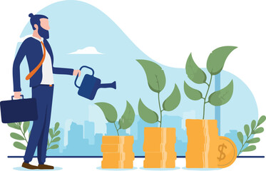 Money growth - Business person growing finances and watering plants. Flat design vector illustration.
