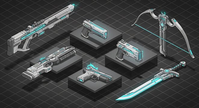Futuristic Weaponry Collection - Isometric View of Sci-Fi Arms.