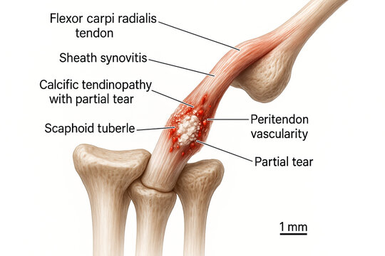 Medical illustration showing calcific tendinopathy with partial tear in the flexor carpi radialis tendon, with labels for sheath synovitis, scaphoid tubercle, peritendon vascularity, and the partial t