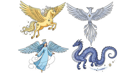 Magical Creatures Compilation: Angel, Pegasus, Phoenix, and Dragon Artistically Illustrated