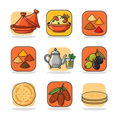 Moroccan food icons show tagine couscous and spices