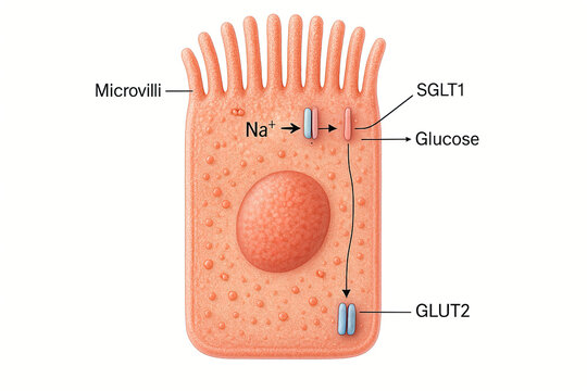 Diagram illustrating glucose absorption in an intestinal epithelial cell, highlighting Na+-glucose cotransporter (SGLT1) and glucose transporter (GLUT2).