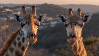 Fototapeta premium Two giraffes, illuminated by golden light, in front of a blurry landscape