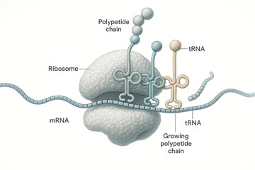 Illustration of a ribosome translating mRNA into a polypeptide chain with tRNA molecules involved in the process.