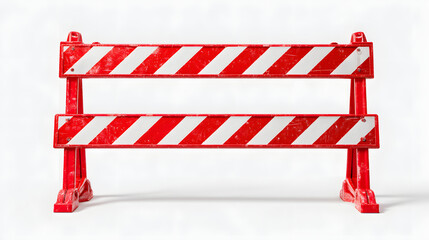 Red and white construction barrier with diagonal stripes stands on white background, symbolizing caution and safety. minimal design emphasizes its functional purpose