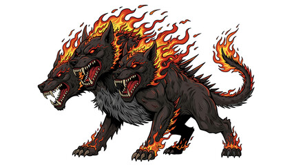 Fierce Three Headed Hellhound with Flames Cerberus Vector Illustration