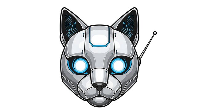 Futuristic Cybernetic Cat Head with Glowing Blue Eyes and Antenna.