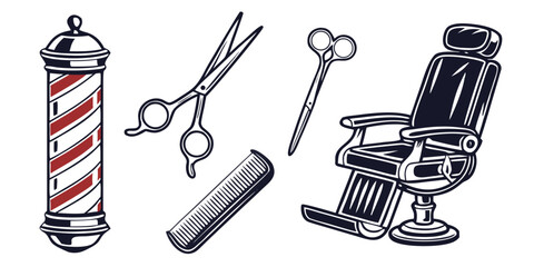 Vintage barber shop tools including barbershop pole, scissors, comb, and chair