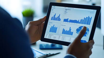 Person is holding tablet displaying financial analytics with various graphs and charts, indicating profit margins and business data insights. setting appears to be modern office environment