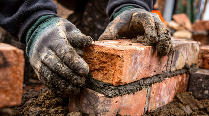 Bricklayer hands carefully stack bricks with precision and skill, using mortar to secure them in place. close up shot captures texture of bricks and worker gloves