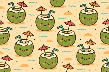 Seamless pattern of cute smiling green coconuts with straws and umbrellas on a sandy beach background