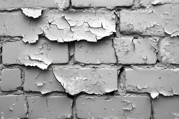 Obraz premium A textured grey brick wall featuring extensive peeling paint and cracks, showcasing weathered deterioration and an aged, distressed surface.