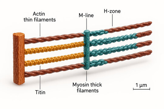 Illustration of the molecular structure of a muscle sarcomere, showing actin and myosin filaments, titin, M-line, and H-zone, with a scale bar indicating 1 micrometer.