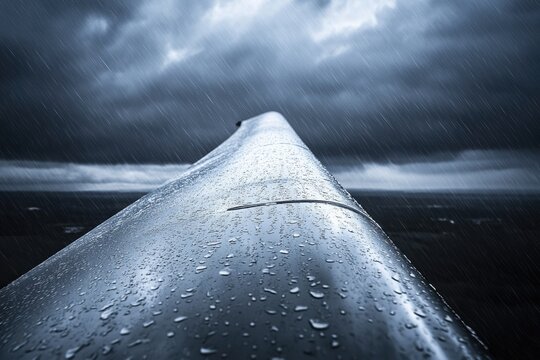 An airplane wing, wet with raindrops, cuts through a heavy downpour under a menacing, overcast sky.