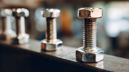 Shiny metal bolts are aligned on steel beam, with focus on one bolt in foreground, creating sense of industrial precision