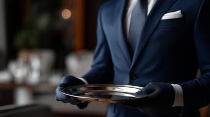 Refined service is expressed through gloved hands presenting a polished silver tray, symbolizing luxury hospitality, elegant etiquette, and the sophistication of formal gatherings. three-quarter