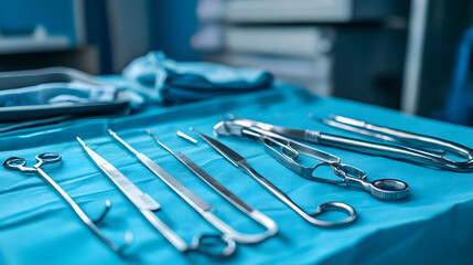 Surgical tools arranged neatly on sterile blue hospital background, ready for medical procedure, evoke sense of precision and cleanliness